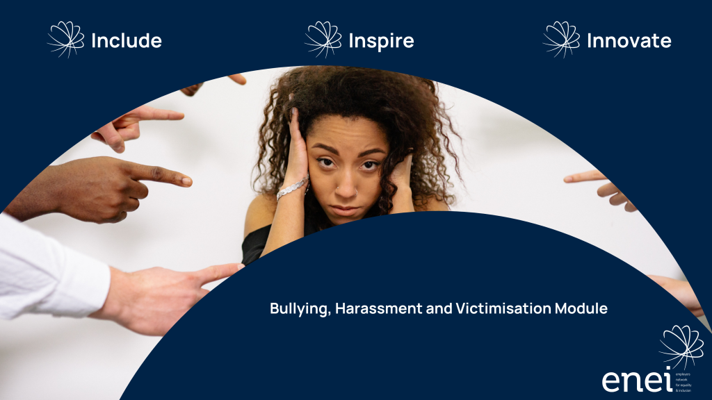 Include - Inspire - Innovate. Bullying, Harrassment and Victimisation Module. A young biracial female looking anguished into the camera with her hands over her ears. There are various hands surrounding her with fingers pointing at her