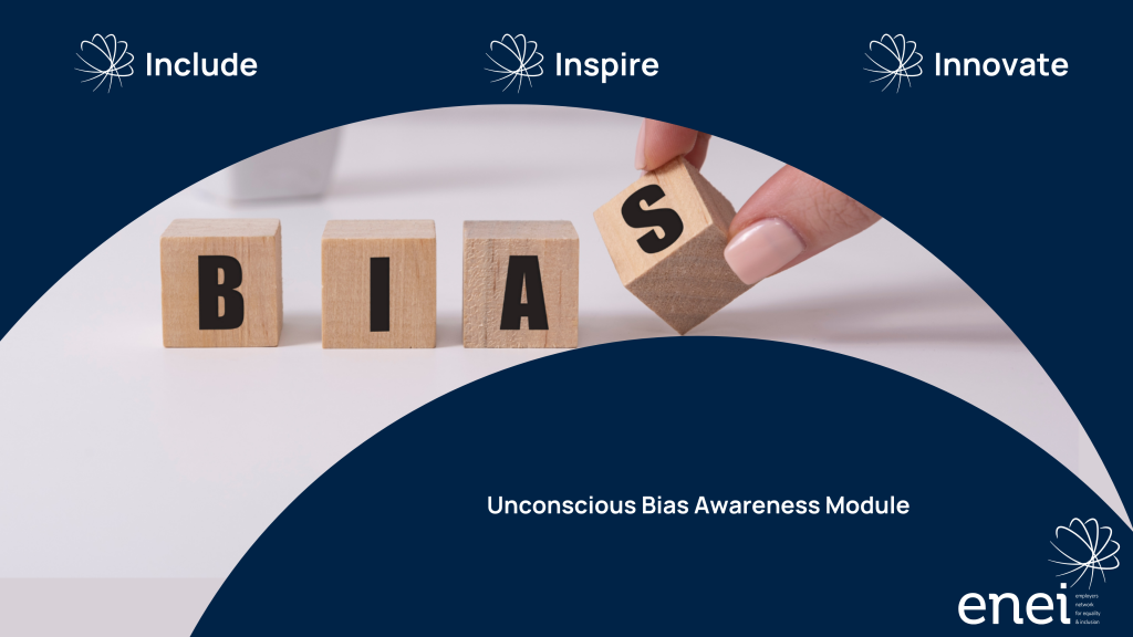 Include - Inspire - Innovate. Unconscious Bias Awareness Module. Four wooden blocks on a plain white table, with letters on each one, making up the word BIAS. A hand with pink manicured nails is picking up the S block