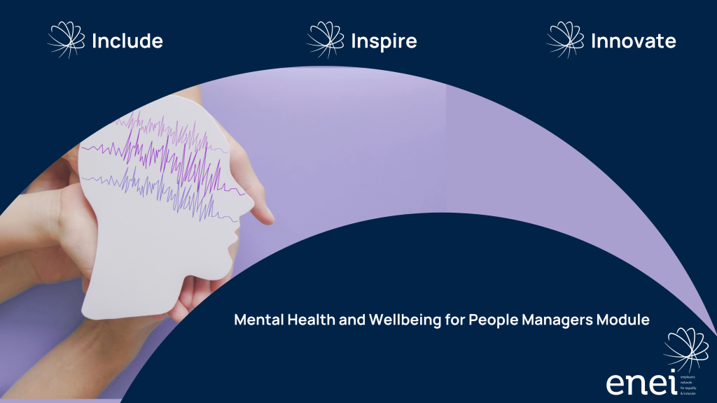 Include - Inspire - Innovate. Mental Health and Wellbeing for People Managers Module. Two pairs of hands held together with a paper cut-out in the shape of a human head, with waves scribbled on in the fashion of a ECG monitor