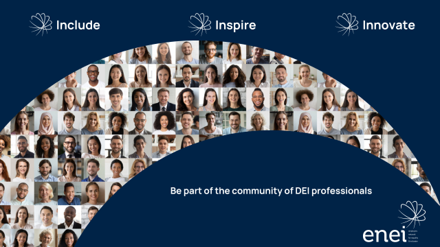 Include, inspire, innovate - Be part of the community of DEI professionals. Image shows a gallery of DEI professionals