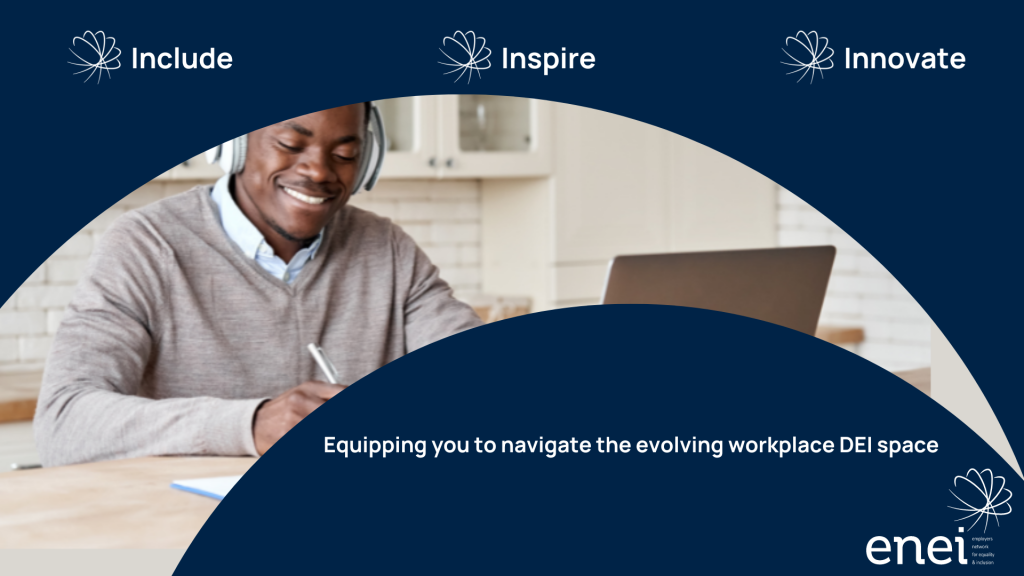Include, inspire, innovate - equipping you with the tools you need to navigate the evolving workplace DEI space. Image shows a young black man sitting in front of a laptop at a desk with headphones on. He is smiling as he writes in a notebook.