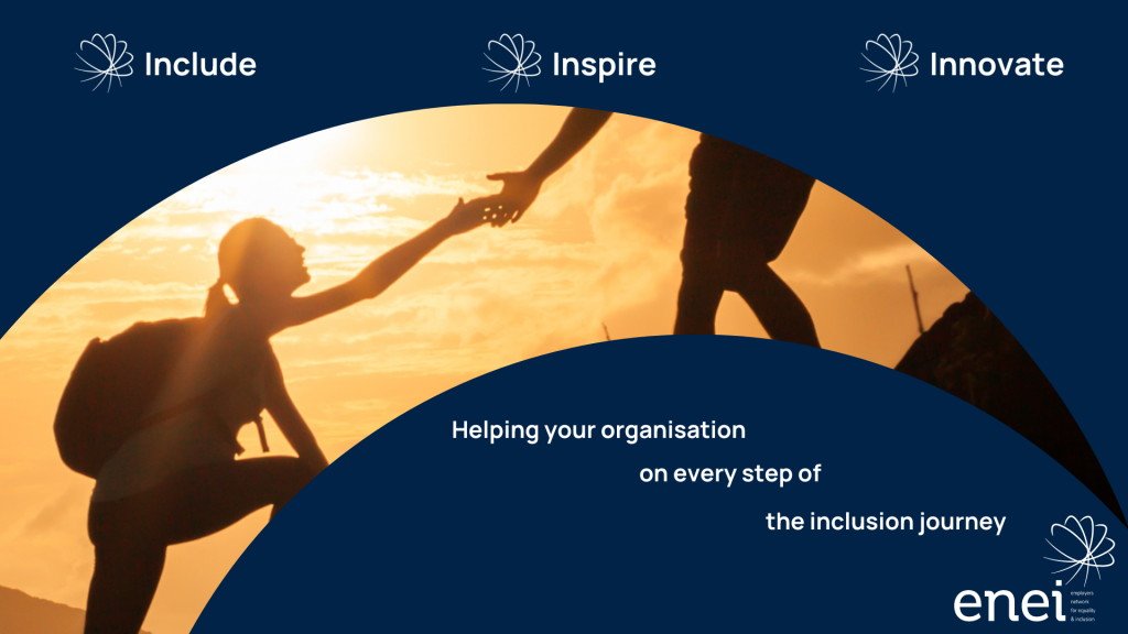 Include, inspire, innovate. Helping you on every step of the inclusion journey. Image shows a silhouetted hiker offering a helping hand to a fellow hiker with an orange sunset behind them
