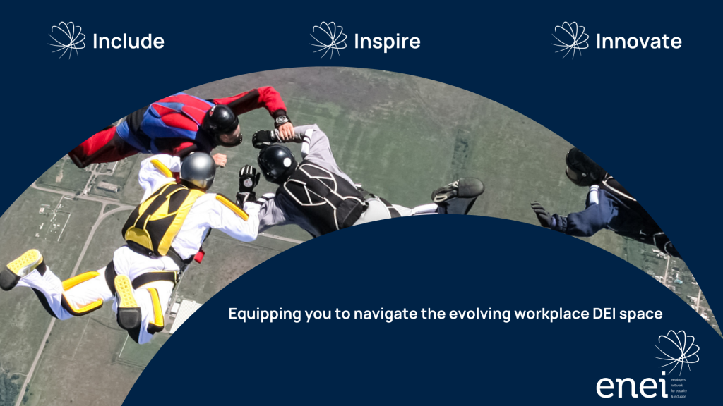 Equipping you to navigate the evolving workplace DEI space. Image shows well equipped team of skydivers beginning their adventure