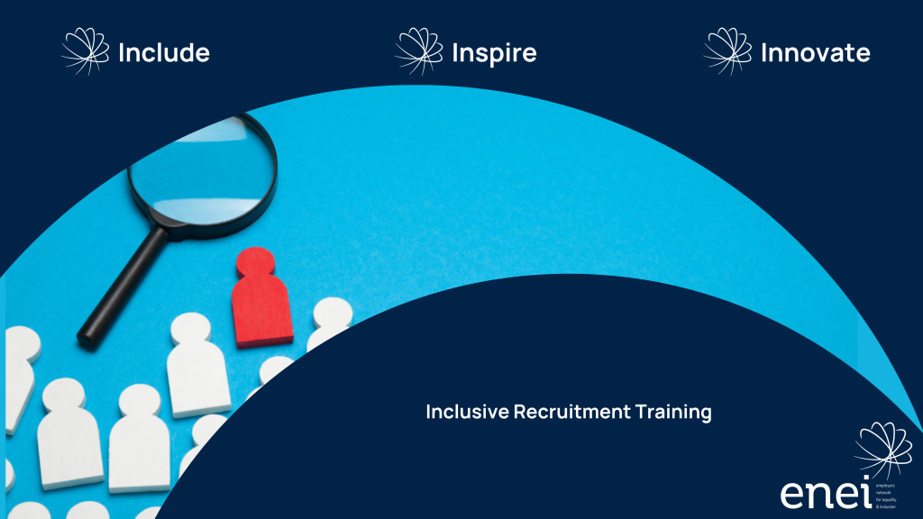 Include - Inspire - Innovate. Image shows a magnifying glass and several wooden items in a human form, all of which are white aside from one red one.