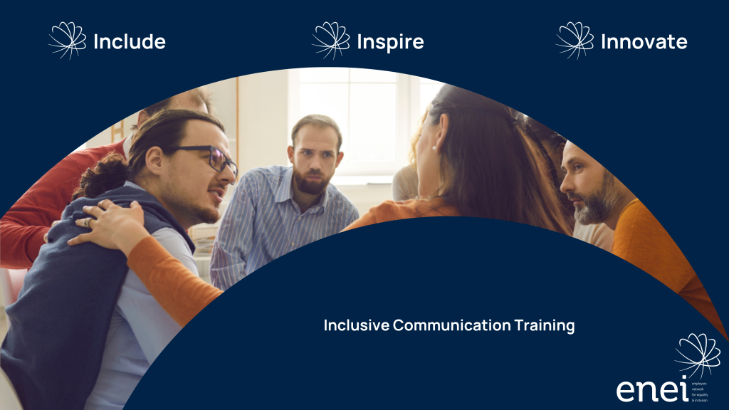 Include - Inspire - Innovate. A group of professionals of various genders, ages, and ethnicities gather around a table, working collaboratively together.