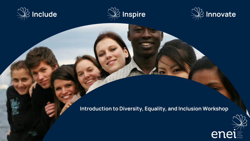 Include - Inspire - Innovate. A row of people of various ethnicities standing in a row, smiling at the camera. Blue sky and water behind them