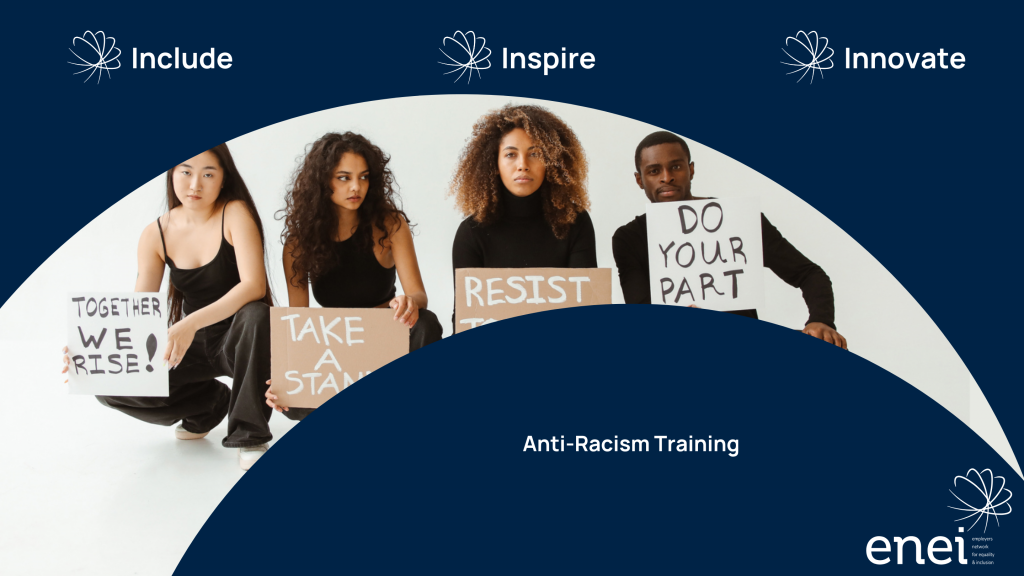 Include - Inspire - Innovate. Photo of four young adults from various ethnic backgrounds, holding placards, showing wording "Together we rise" and "Take a stand" and "Do your part".