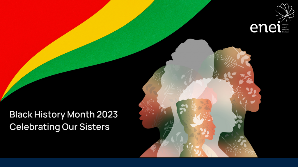 Image features the Black History Month colours swirling in the corner, with silhouetted images of side profiles of black women with a pretty overlay in white of doves and plants - possibly depicting the biblical relevance of peace. Text reads "Black History Month. Celebrating Our Sisters".