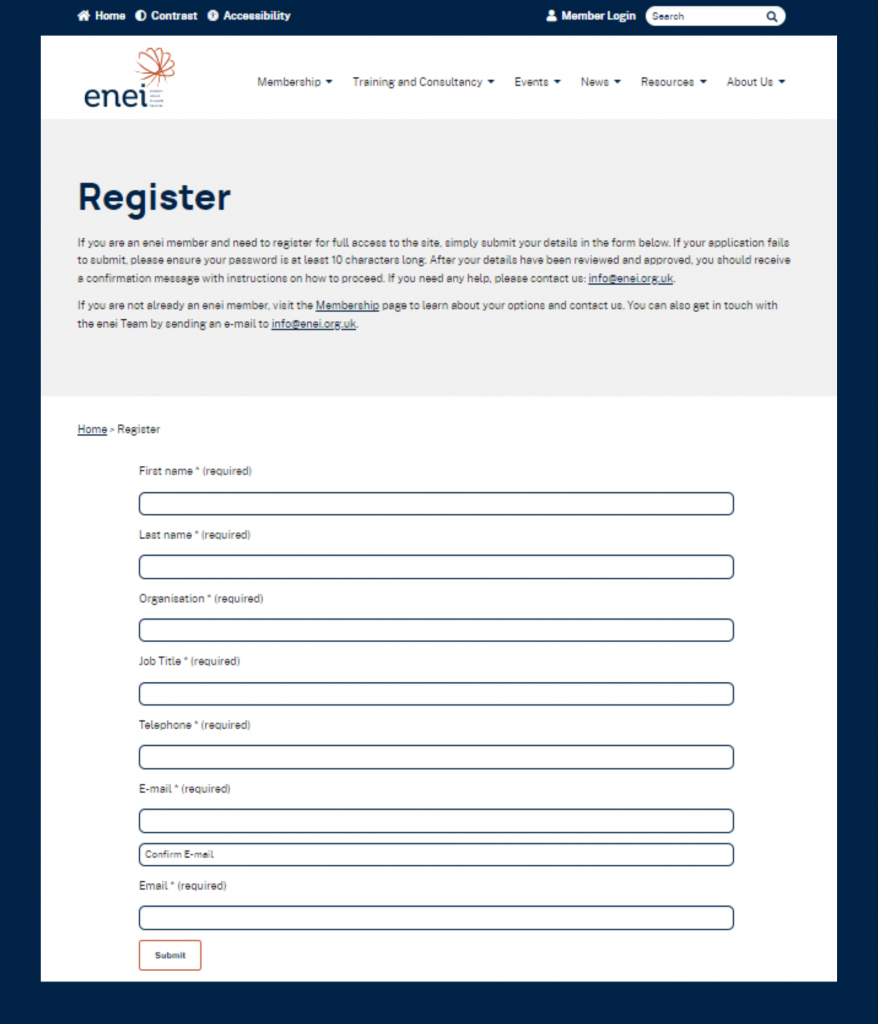 screenshot of the enei registration page on the website