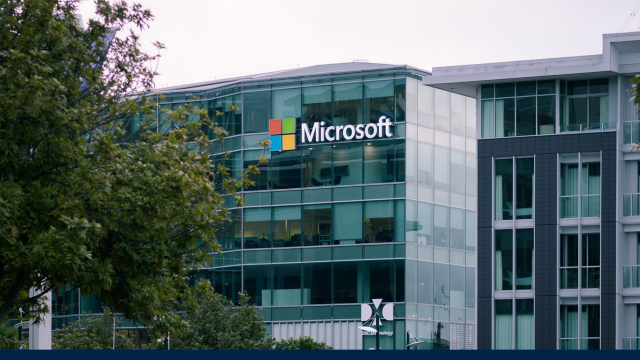 Image shows the exterior of a Microsoft building