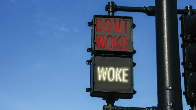 The image shows a US traffic light which has substituted the 'Walk' and 'Don't Walk' with 'Woke' and 'Don't Woke'.