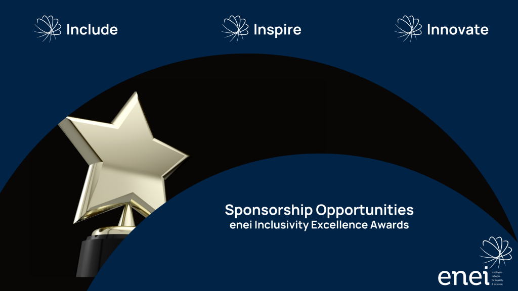 Image shows the enei template with "Include. Inspire. Innovate" at the top of the image. The windowed image features a gold award in the shape of a star. The text at the bottom reads "Sponsorship Opportunities. enei Inclusivity Excellence Awards"