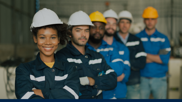 A group of people line up in front of the camera. They are all wearing hard hats and safety clothing. They all stand with their arms crossed and smile at the camera. The person nearest the camera is a young, black female and the rest are men of various ethnicities.