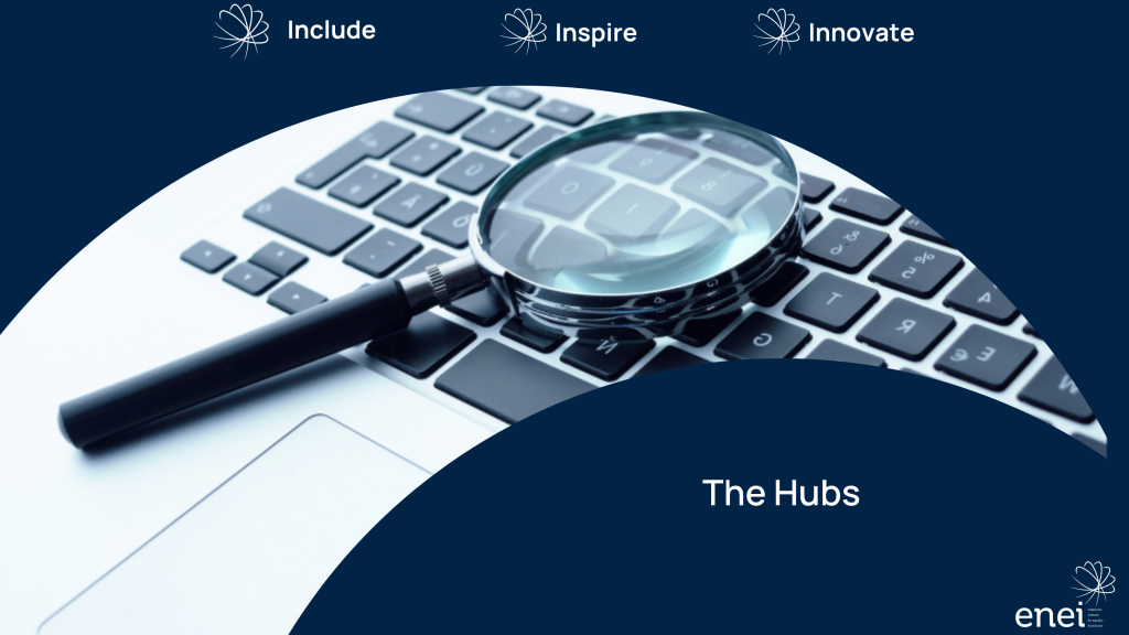 The enei template shows the words "Include, Inspire, Innovate" at the top. The windowed image shows a magnifying glass atop a laptop keyboard referring to the search for relevant resources, which are contained within the hubs.