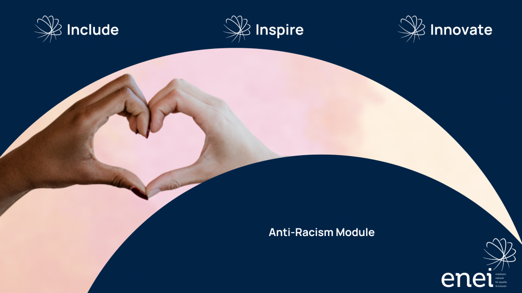 Include - Inspire - Innovate. Image shows two hands – one black and one white – being held together to form the shape of a heart. This is set against s pastel coloured gradient background.