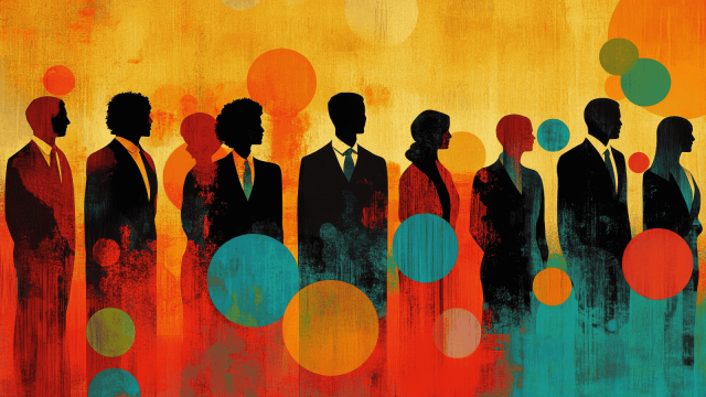 A visually striking illustration depicting a diverse group of silhouetted individuals, each dressed in professional attire, standing in profile against a vibrant background.
