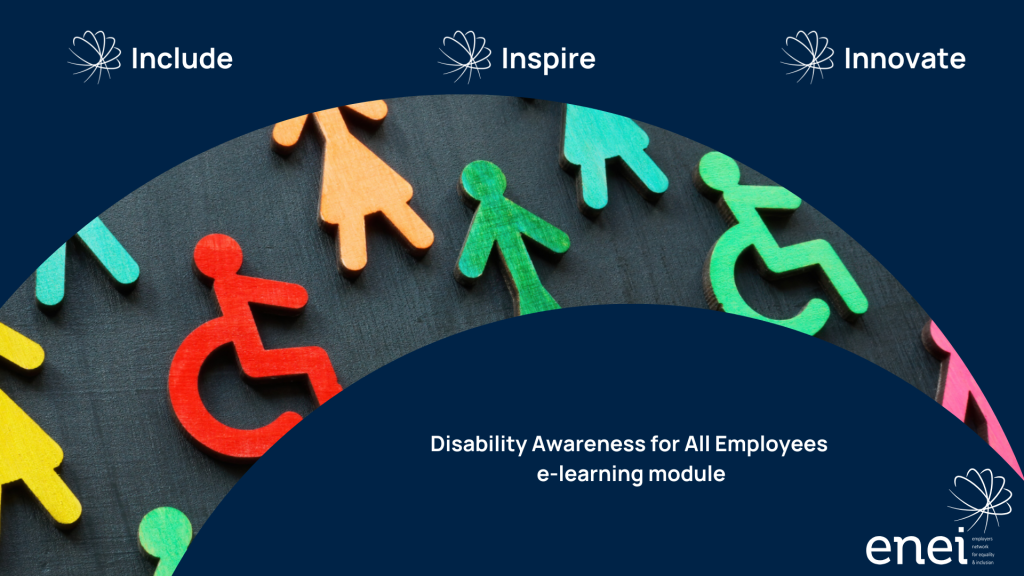Colourful wooden figures and disability symbols with text: "Disability Awareness for All Employees e-learning module."
