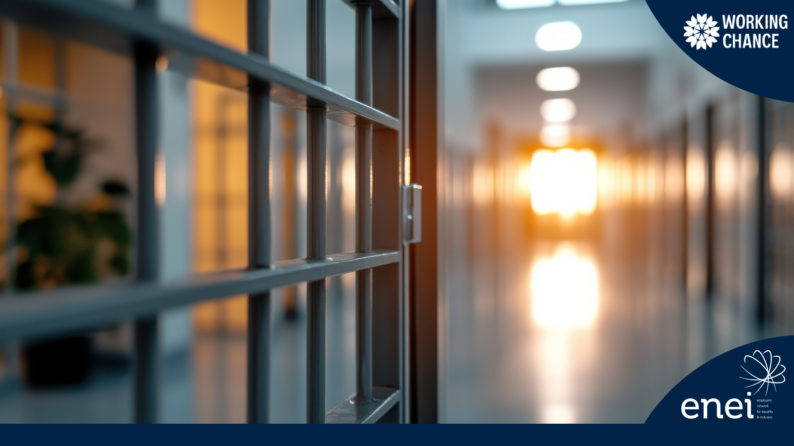 The image features a close-up view of a metal barred gate or window on the left side, partially open. The bars are painted in a soft gray color, and their texture appears smooth. To the right, a long hallway extends into the distance, softly illuminated by overhead lights, leading to a bright, out-of-focus light source at the end. The top right corner features the "Working Chance" logo and the bottom right contains the "enei" logo.