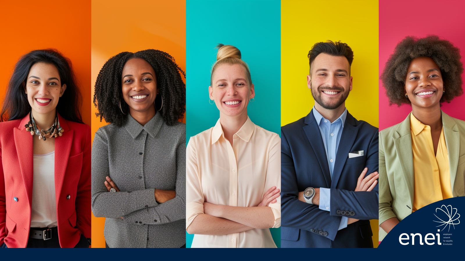 Five people standing against colourful backgrounds, representing diversity, with an "enei" logo in the corner.