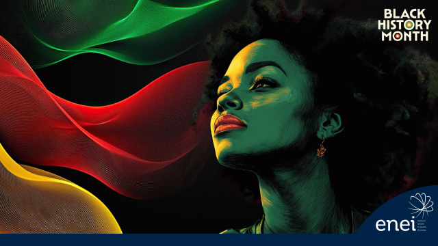 The image features an artistic portrait of a black woman looking upward. Her face is illuminated with shades of red, gold, and green, creating a vibrant contrast against the dark background. The background is enhanced with flowing, translucent waves of red, gold, and green, adding depth and movement to the image. In the top right corner is the text "BLACK HISTORY MONTH" in bold white letters. In the bottom right corner is the enei logo.