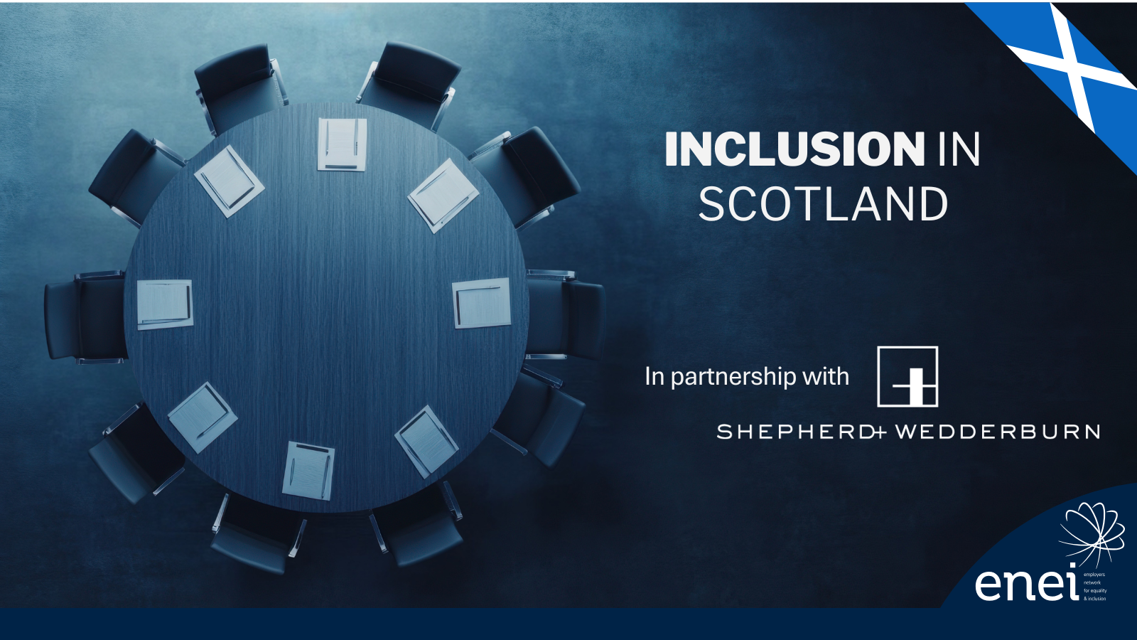 Top-view of a round conference table with chairs, with the words "INCLUSION SCOTLAND" and logos including enei. Transcribed Text: INCLUSION IN SCOTLAND In partnership with SHEPHERD + WEDDERBURN