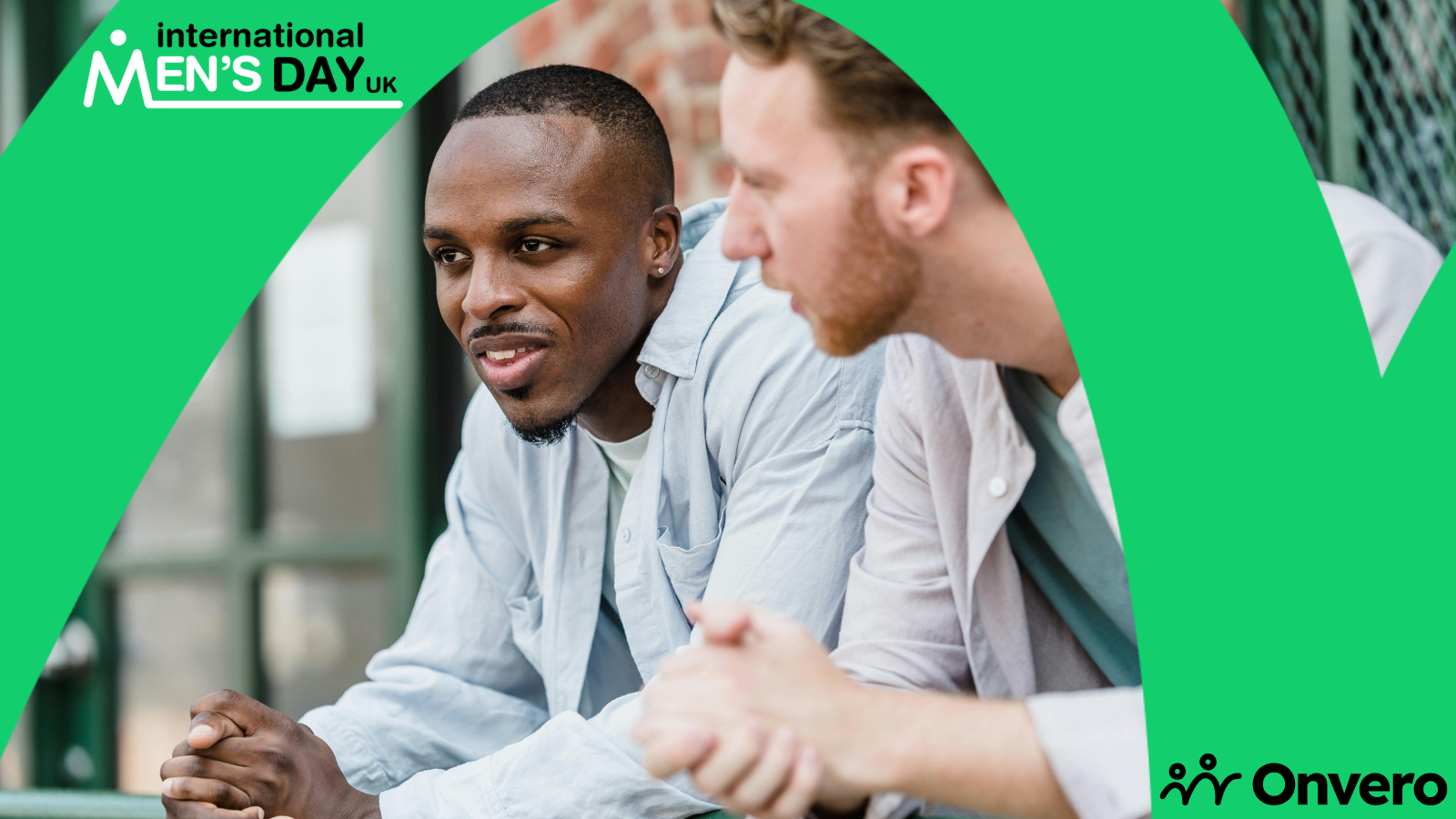 Two men talking outdoors with "International Men's Day UK" and "Onvero" text overlaid.